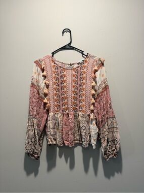 Bohemian Tassel Peplum Tunic Top in Pink Multi